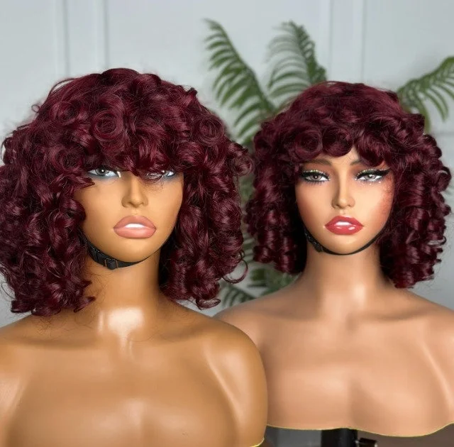 WXJ Wholesales 12a Grade Funmi SDD Super Double Drawn Pixie Cut Short Wigs With Bang Human Hair Brazilian Rose Curl Fringe Wigs