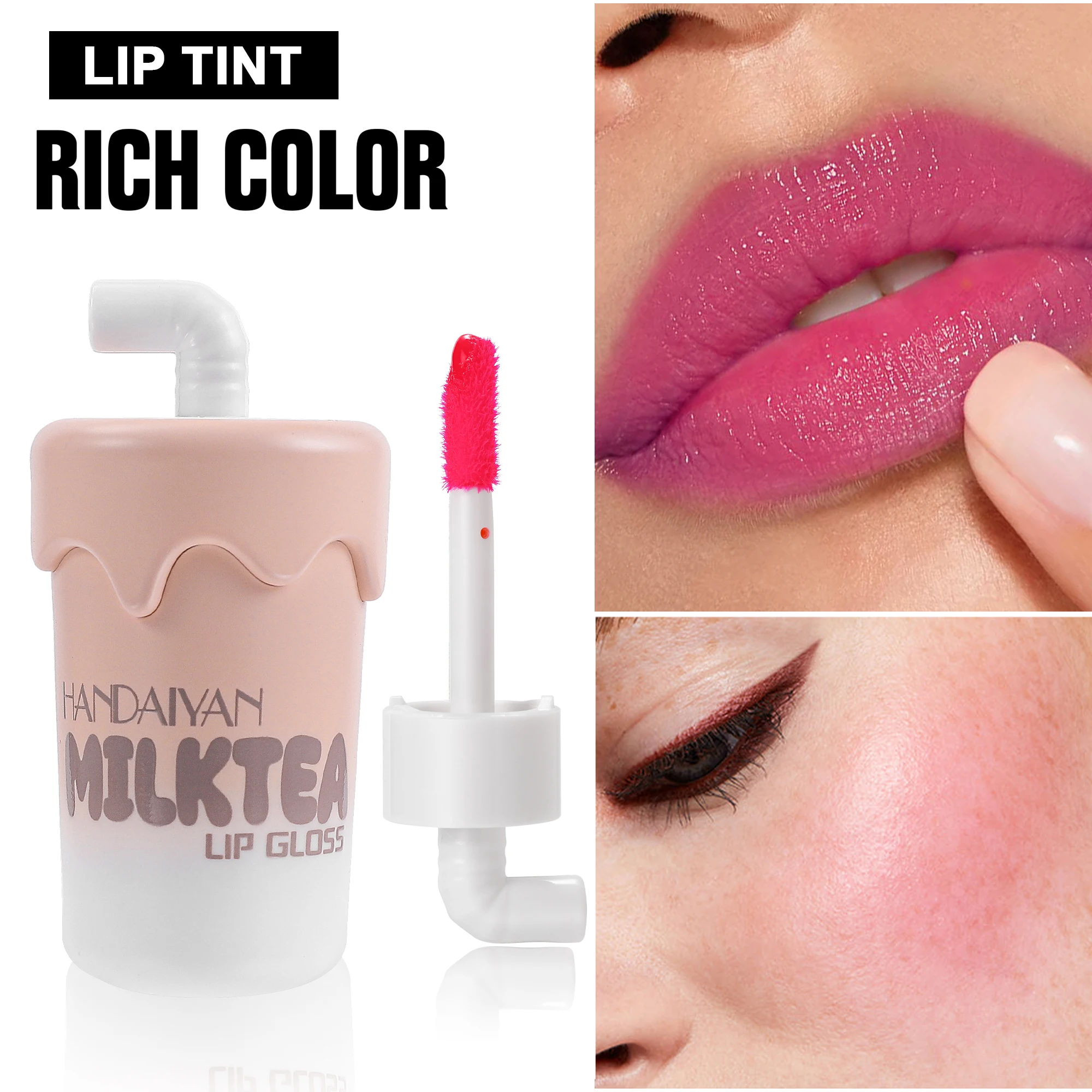 Lip Tint Cheek Multi-use 6 colors Cute Milky Tea Bottle Lip Gloss Hydrating Smooth Glossy Matte Long-lasting Lip Face makeup