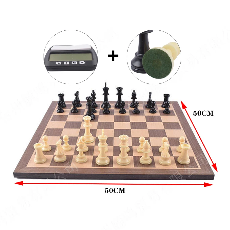 OEM15 Wooden Magnetic Felt Checkerboard Set with Digital Chess Clock Timer Internal Storage Collapsible Board 2 Queens Game Use