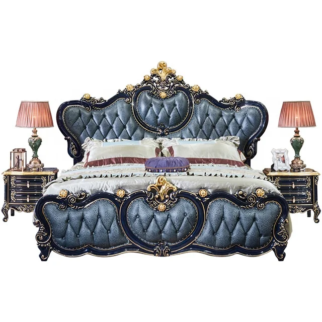 European full solid wood 1.8 master carved Villa leather Bed American double bed 2 m place Princess leather bedroom wedding bed