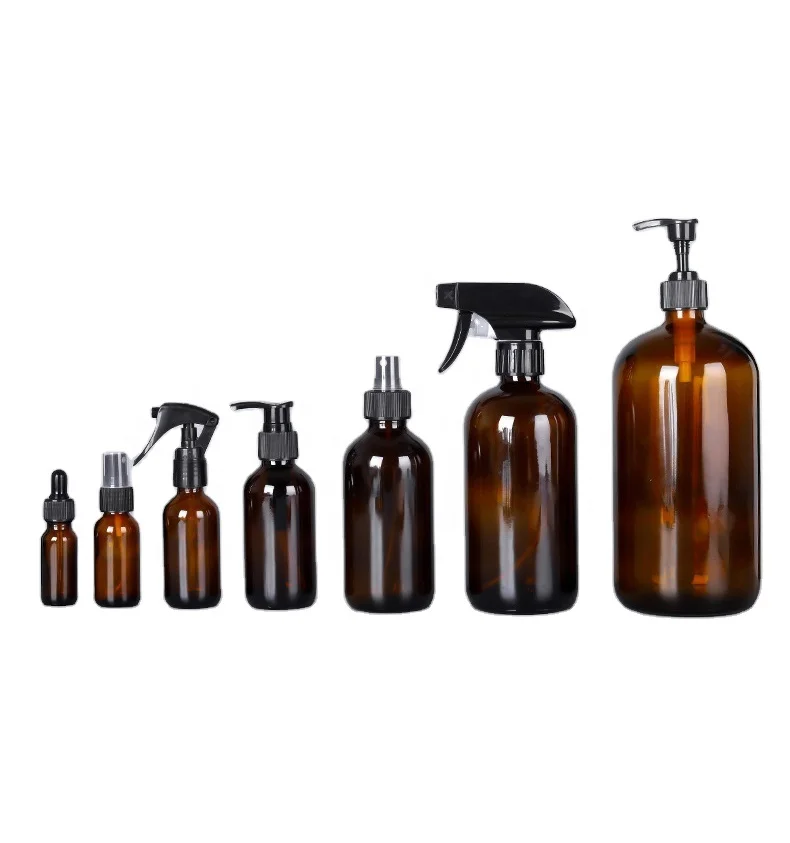 1oz 2oz 4oz 8oz 16oz Empty amber boston round esssential oil glass spray pump dropper bottle