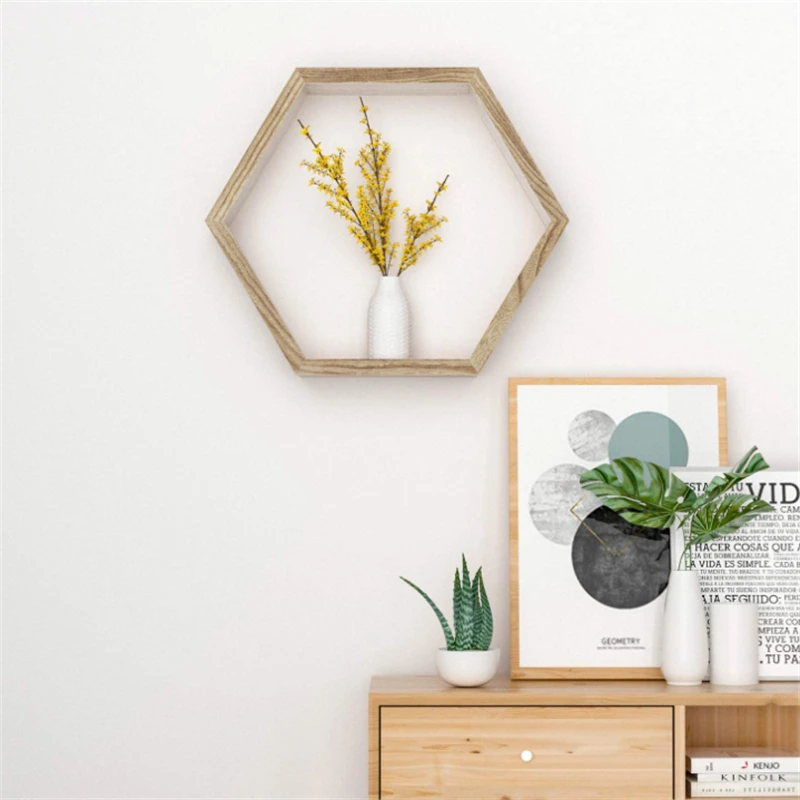 Wholesale Hot Sale High Quality Hexagon Floating Wall Shelves Wooden Wall Mounted Shelves