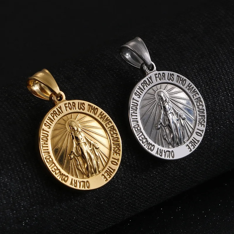 hip hop stainless steel gold plate mother cameo design virgin mary coin pendant necklace jewelry for men
