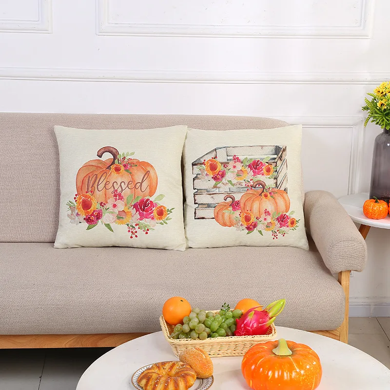 Poly-Cotton Pillow Cases Printed Cartoon Pumpkin Throw Pillow Cover Square Thanksgiving Decorative Pillow Cushion Cover