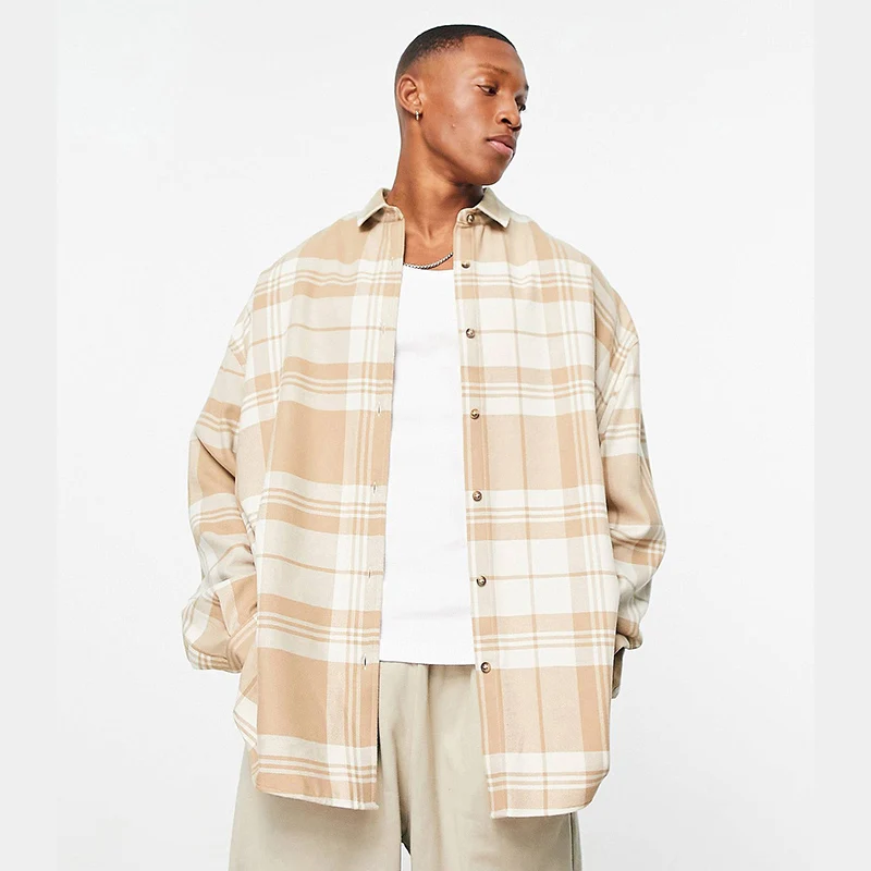 Oversized fit viscose blend drop shoulders shirt spread collar short sleeves button-up front fashion plaid shirt for men