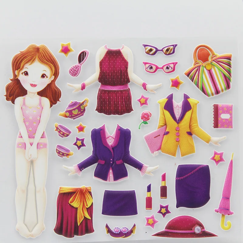 Custom Beautiful Girls Princess Dress 3D Cartoon Clothing Puffy Adhesive Sticker for Kids