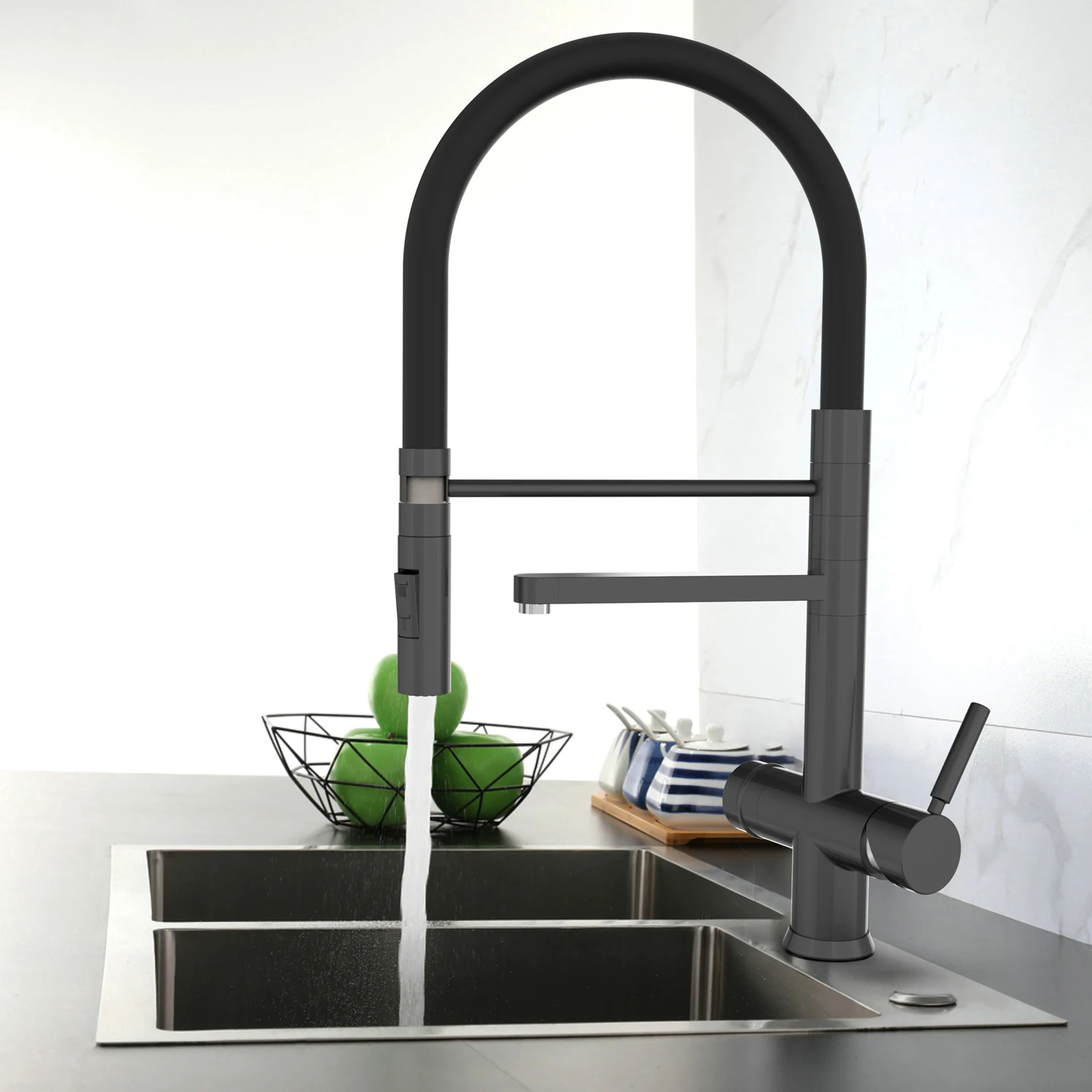 2022 Pull Out Double Handle Three Way Kitchen Faucet Matt Black Spring Pull Down Spray 3 Way Filter Water Tap