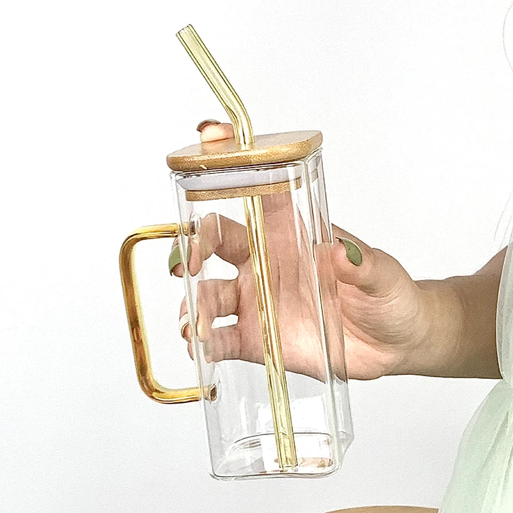 With Color Hand Lid Straw Water Drinking Mug Square Glass Paper Box Cartoon Mugs Transparent Clear Glass Beer Mug Cup Accept