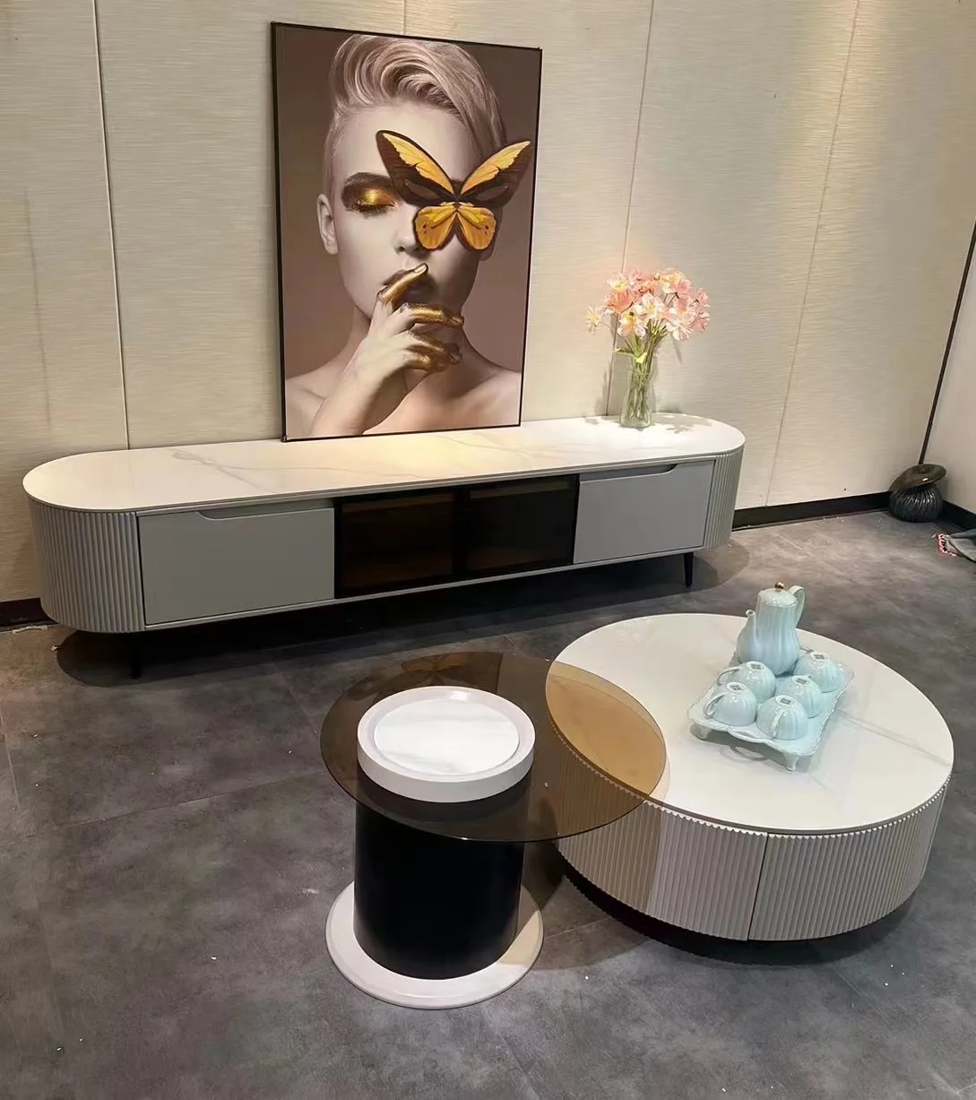 HANYEE Cheap Hot Selling Marble Top Round Coffee table And Tea Table Set Marble and Glass Top Living Room furniture set