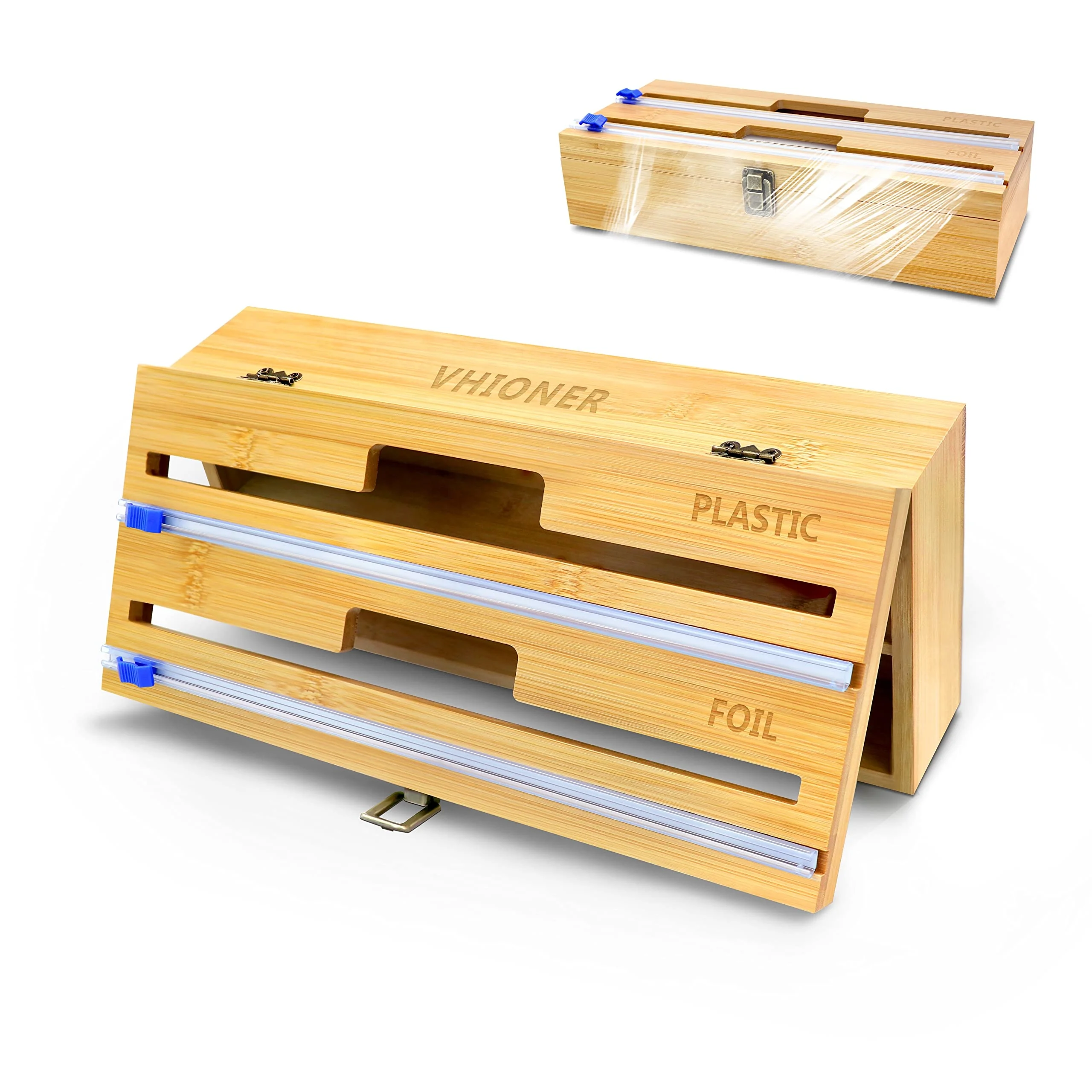 2 in 1 Customized Bamboo Plastic Wrap Dispenser with Slide Cutter Bamboo Foil Dispenser with Flip Cover