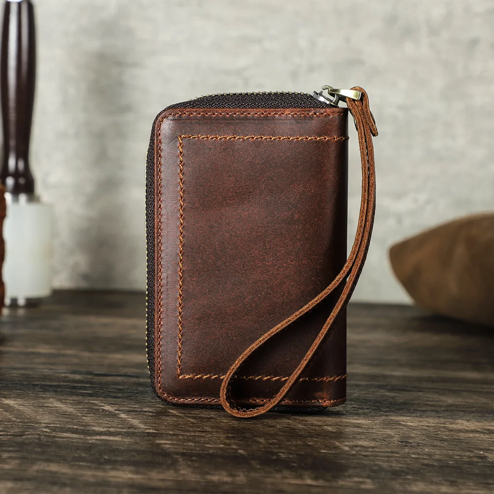 Custom Full Grain Oil Leather Multi-Functional Car Key Holder Wallet With 3 Card Slots And 1 Air tag Slot Mini Key Bag