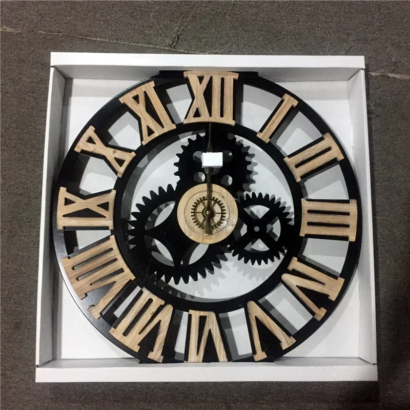 Best Seller Industrial DIY Black Moulded Metal Frame Farmhouse Gear Decorate Wall Clock with 3D Raised Wood Roman Numerals