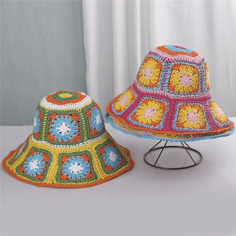 Z1100-bohemian crochet paper straw hats fisherman hat knitted bucket hat