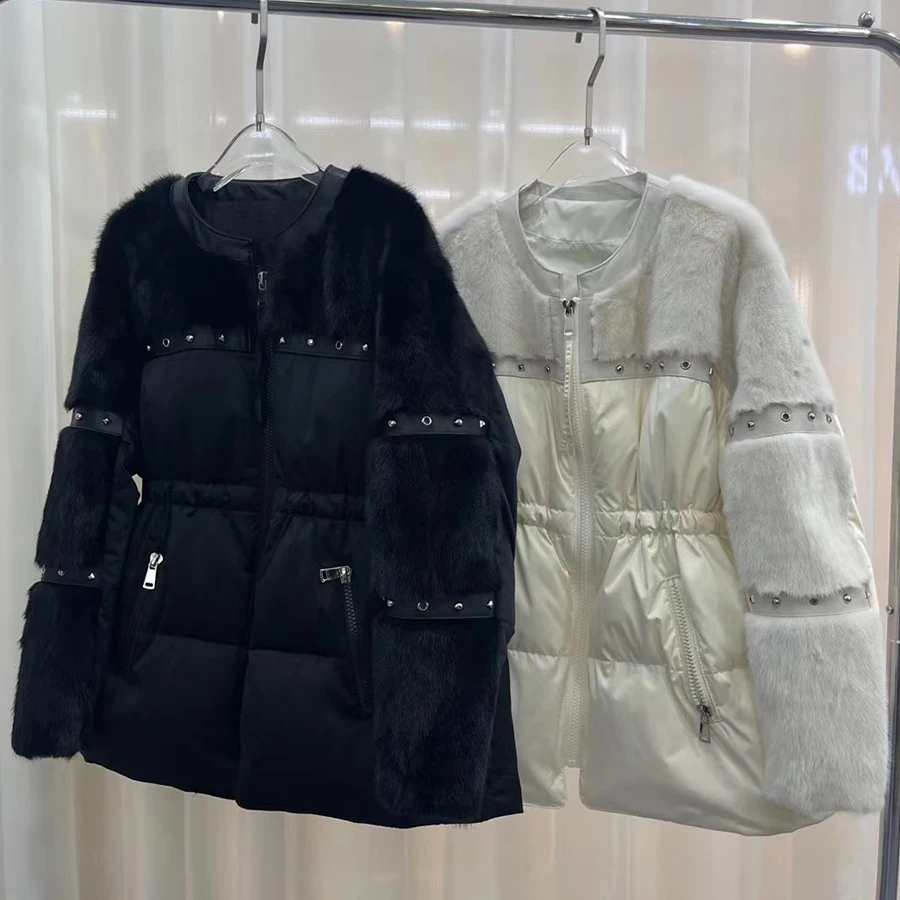 OFTBUY 2023 Fashion Winter White Goose Feather Down Short Jacket Real Mink Fur Shawl RivetedCoat Women Loose Streetwear