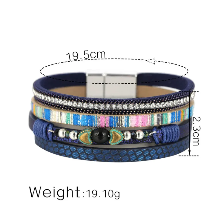 Amazon Hot Sale Multilayer Leather Bracelets with Magnetic Clasp Wide Mirco Pave Crystal Rhinestone Bohemian Wrap