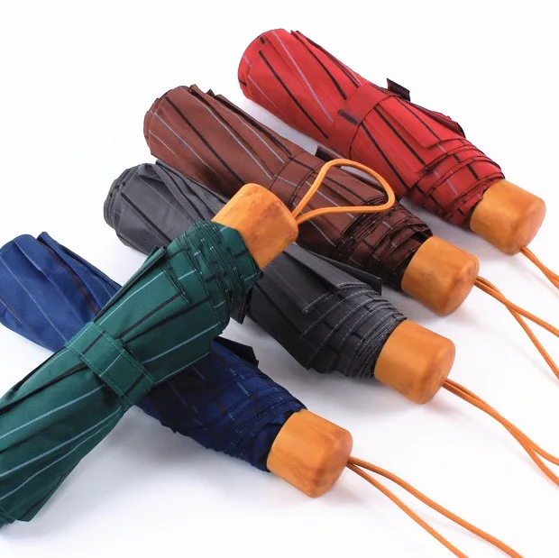Windproof Rainy And Sunny Wooden Handle Wine Red Manual Open And Close Stripe Printing Folding Umbrella