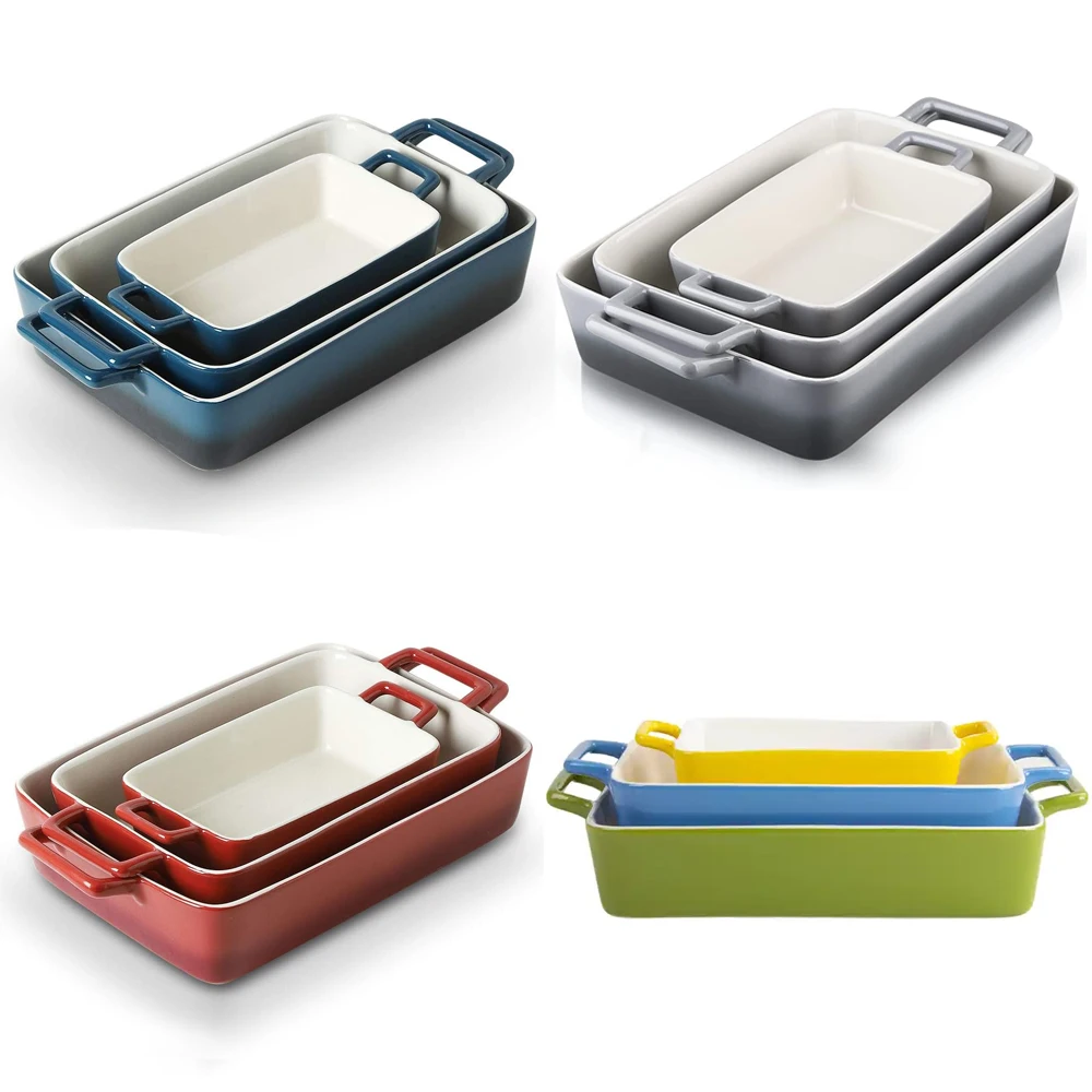 Rectangle Ceramic Baking Dish Set of 3 Oven Casserole Stoneware Bakeware Set Porcelain Large Lasagna Baking Dishes & Pans Set