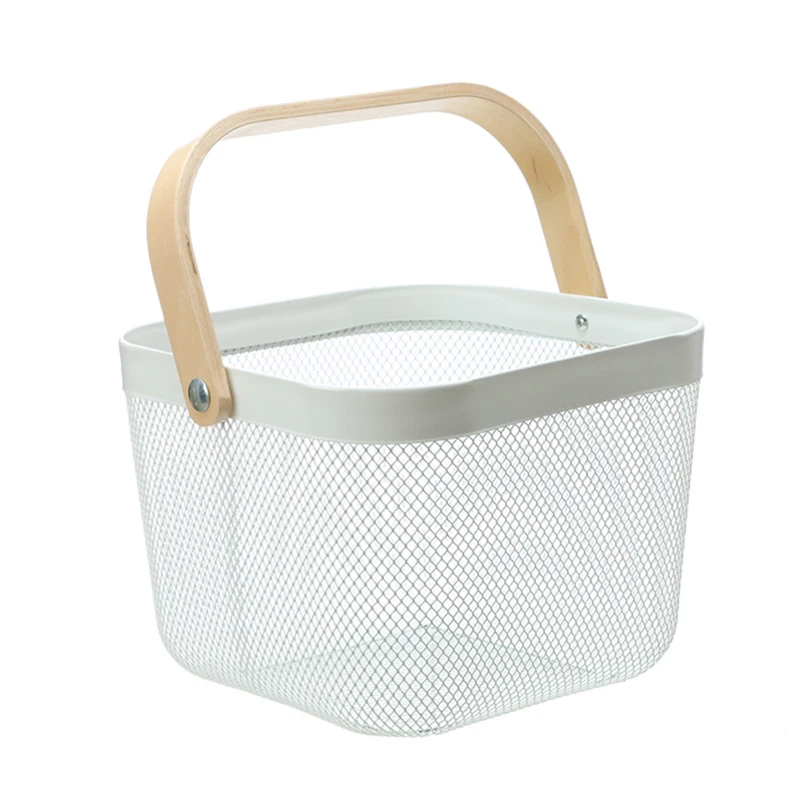 
Wholesale Fashionable Portable Picnic Fruit Food Metal Basket Wire Mesh Storage Basket with Wooden Handle 