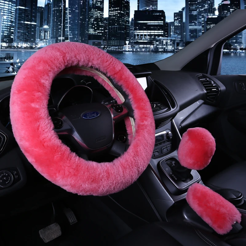 Universal Real Fur Sheepskin Furry Warm Pink Red Fluffy Fuzzy Steering Wheel Cover Set for Women
