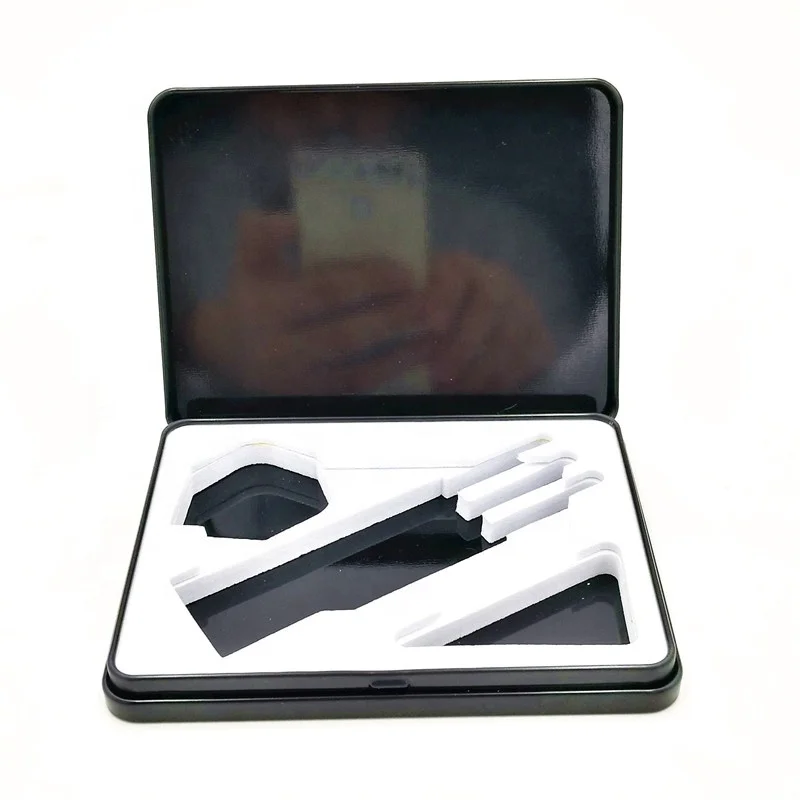 Factory direct OEM rectangular luxury custom made dart packaging thin metal tin case box with EVA foam and hinge