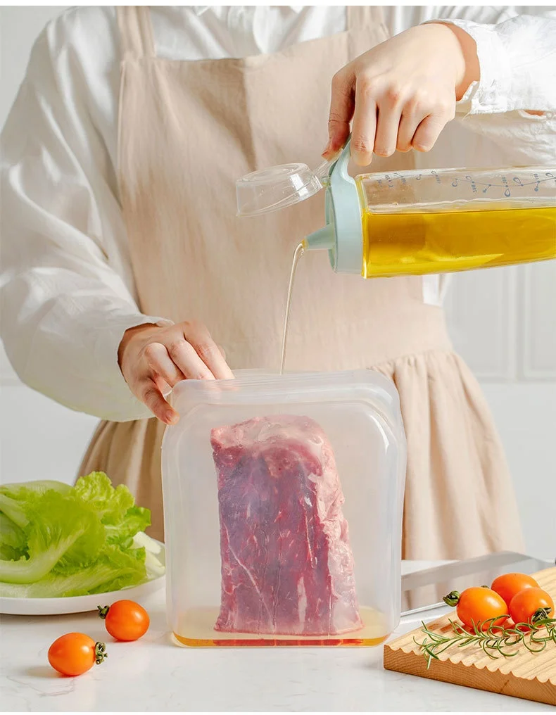 custom home 1600ml kitchen reusable transparent zipper zip lock foldable silicone food grade pouch storage bag