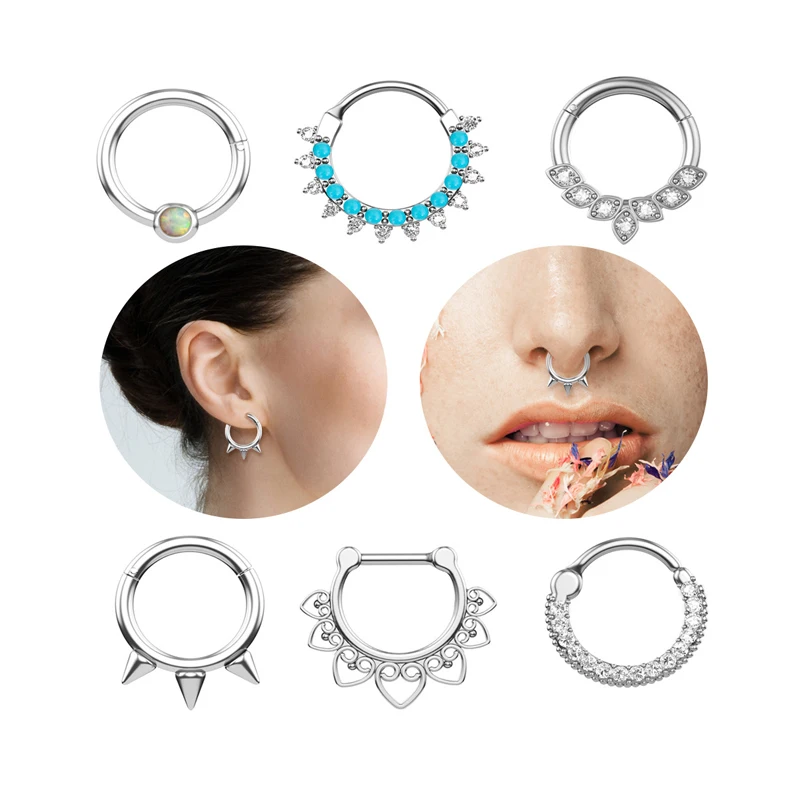 NUORO 1PC New Septum Piercing Ring Stainless Steel Nariz Lip Piercing Ear Cartilage Tragus Goth Piercing Opal Nose Ring