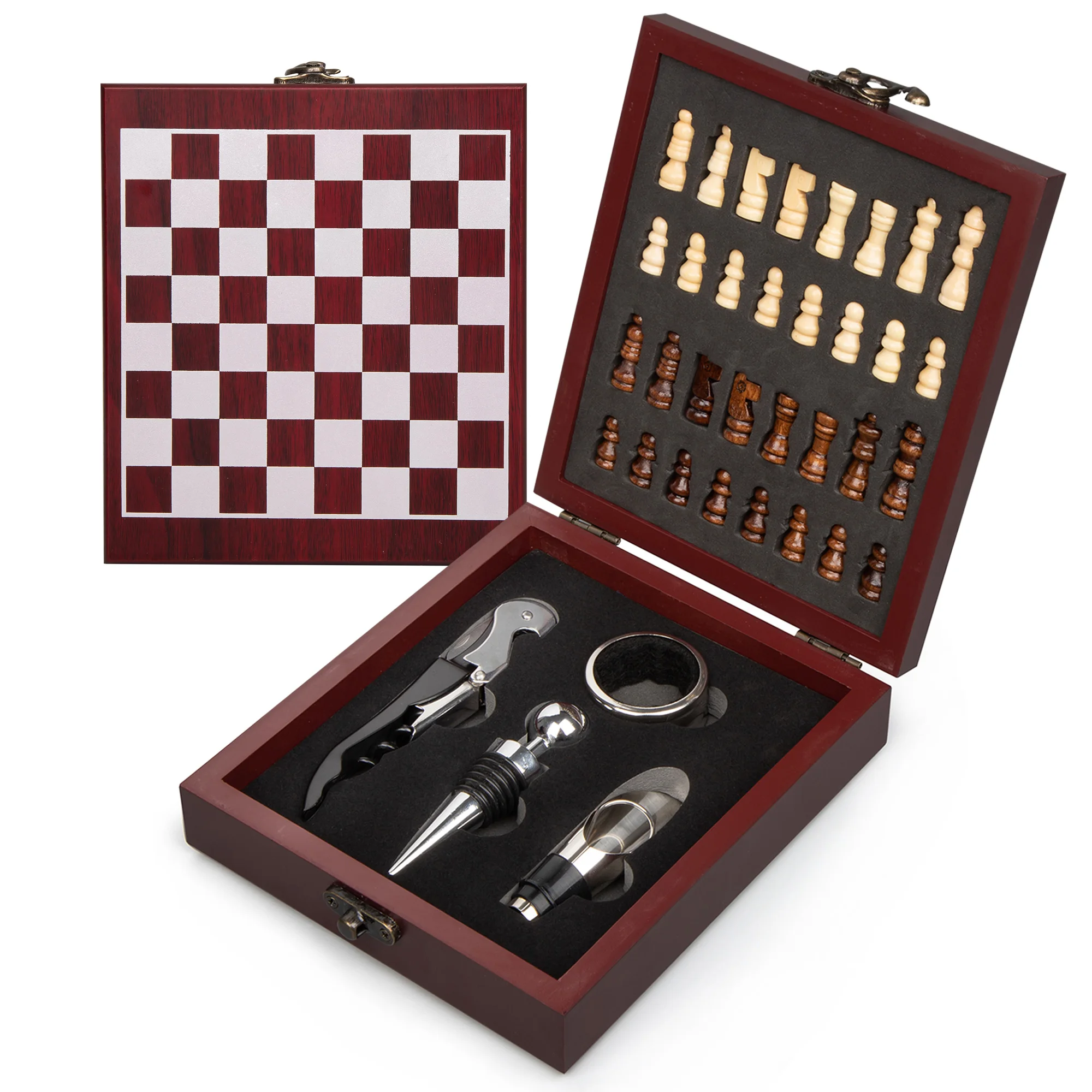 High Quality Creative Wine Tools Bottle Can Opener Wine Accessories Set with Chess Wooden Box Wine Kit