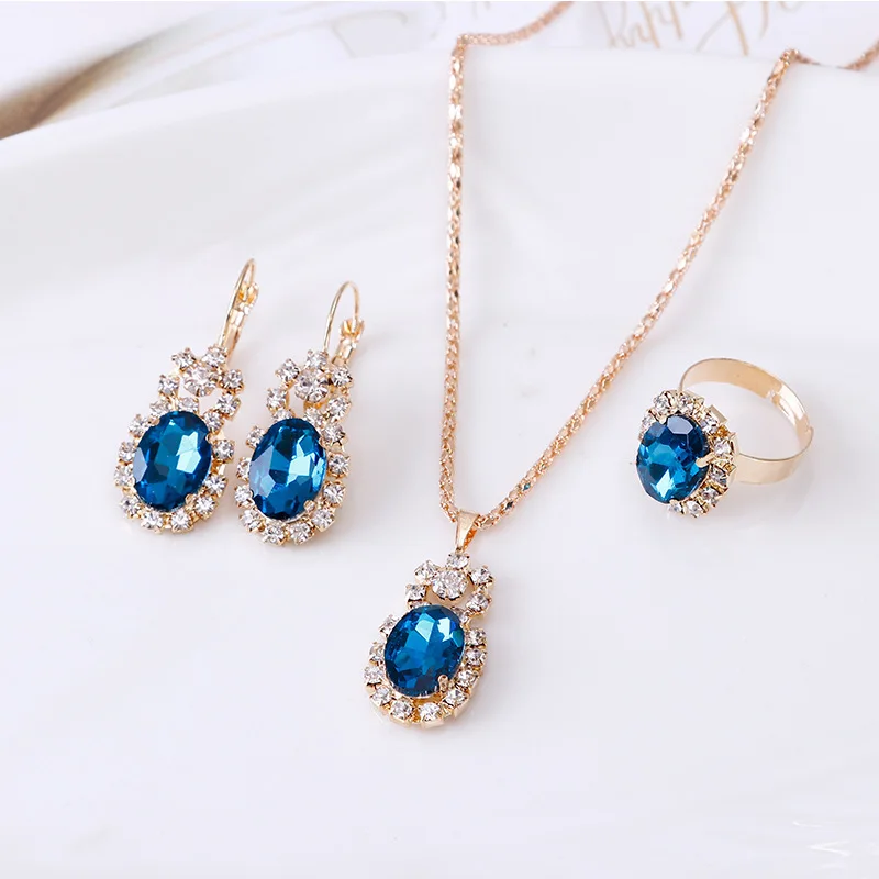 2022 Hot Sale Oval Gemstone Claw Chain Set Crystal Necklace Earring Ring Wholesale Three Piece Set