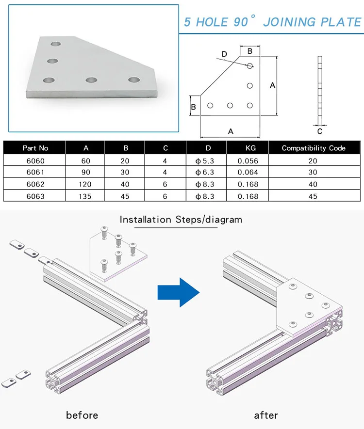 china manufacturer 6061 5 hole L shape 90 degree aluminum joining plate 3030 machine connecting part industrial fasteners 30*30