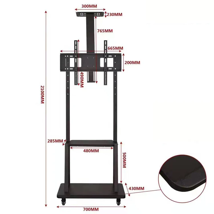 Регулируемая высота, передвижная тележка для телевизора, напольная стойка, Мобильная светодиодная тележка с ЖК-дисплеем с полкой и 4 колесами