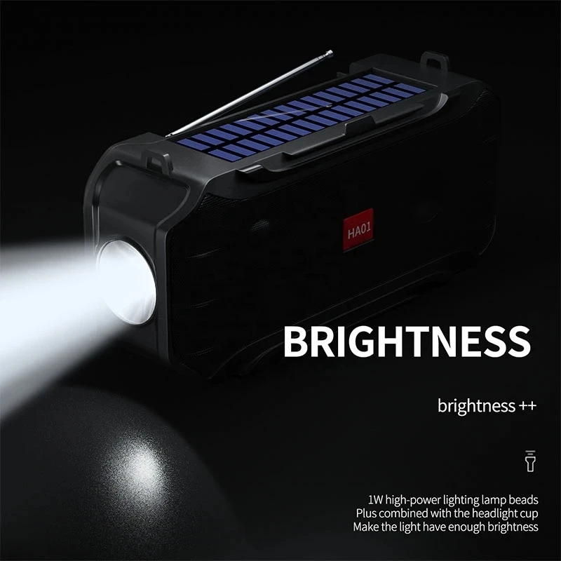 hot selling HA01 wireless speaker with solar charging outdoor portable with FM radio flash light torch tf card music play