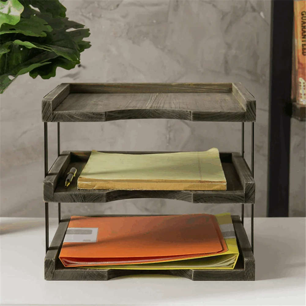 Brown 3 Tier Wood Desktop Paper Tray with Metal Frame Rustic Desk Document Mail Folder Holder Office Organizer