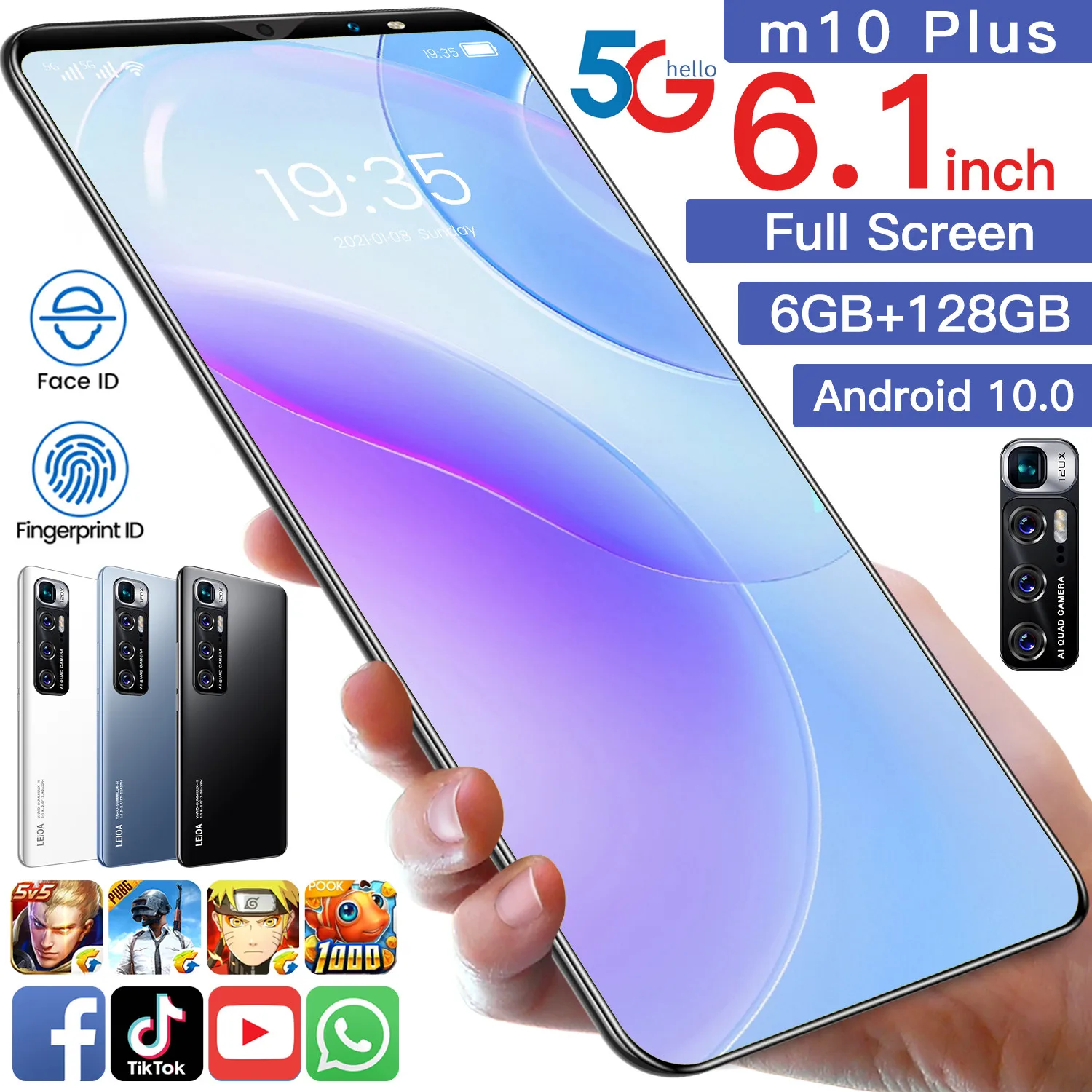 M10 Plus HD Screen Mobile Phones 4G 5G Android 6GB+128GB Large Memory Smartphones Dual SIM Gaming Face/Fingerprint Cellphones