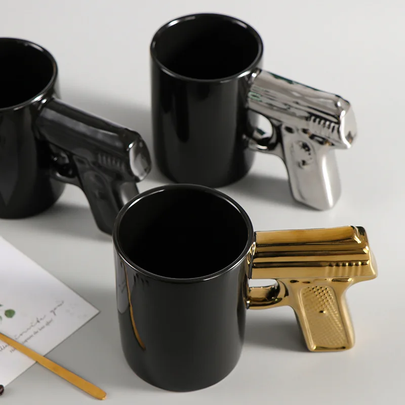 Creative ceramic gold and silver pistol cup gun handle coffee mug 3D shape cup