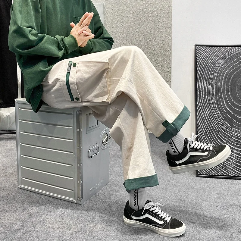 Ribbons Beige Loose Straight Wide Leg Harem Pants Men Multi-Pocket Hip Hop Cargo Pants