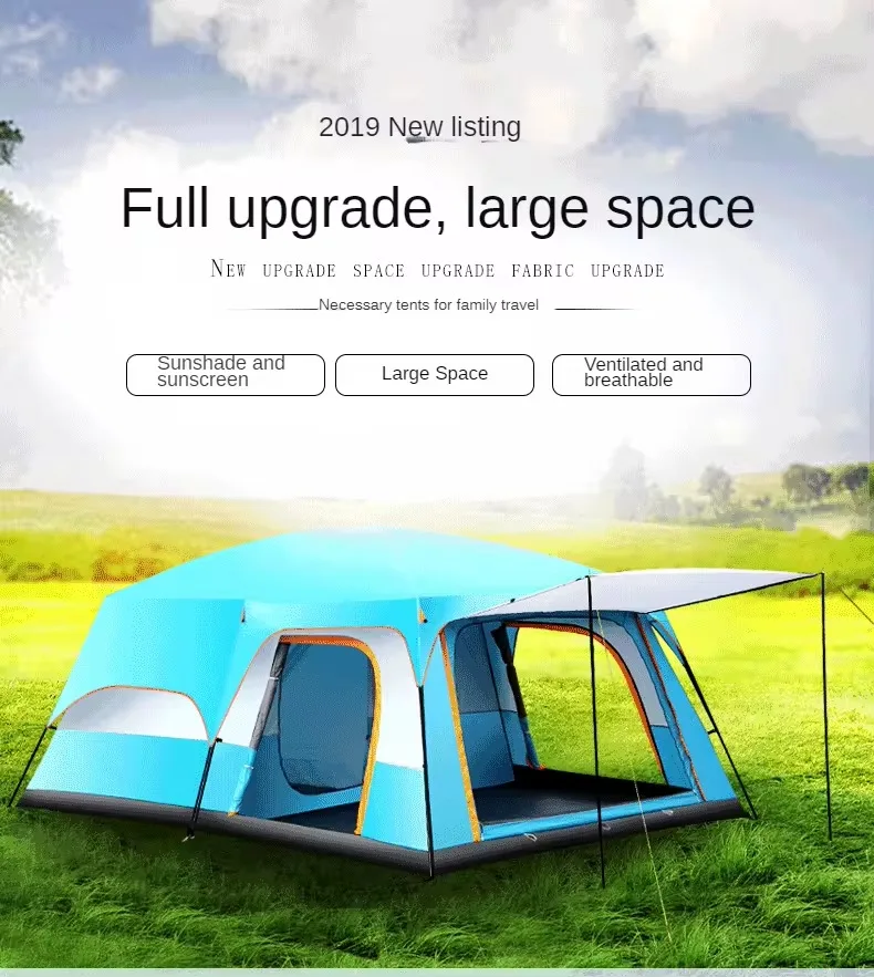 Luxury Outdoor Camping Canopy Tent Two Rooms Large Space 8-12 People Sun Rain Protection Thickened Cow JIn Cloth Skylight