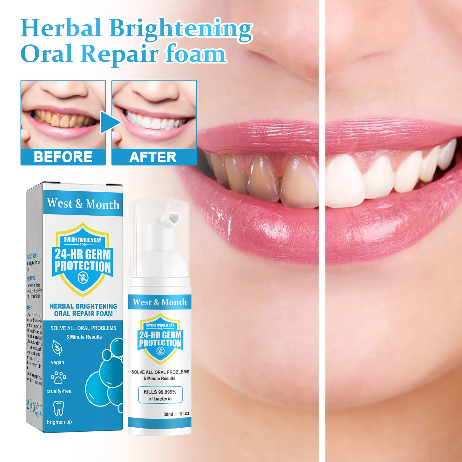West&Mouth Herbal Brightening Oral Repair Foam Toothpaste Natural Herbal Plant Fresh Breath Oral Mousse Toothpaste