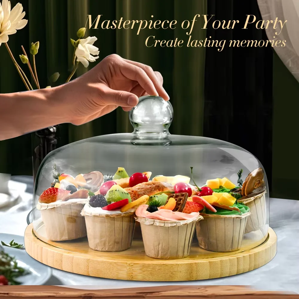 Creative Acacia Wood Cake Stand Round Wood with Acrylic Cover Server Cake Stand Display Cupcake Glass Cover for Weddings Product
