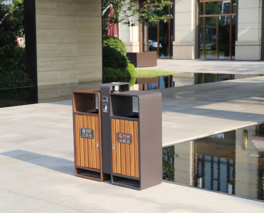Outdoor Recycling Trash Can with Durable Litter Bin Plastic Wood Outdoor Double waste bin with ash try