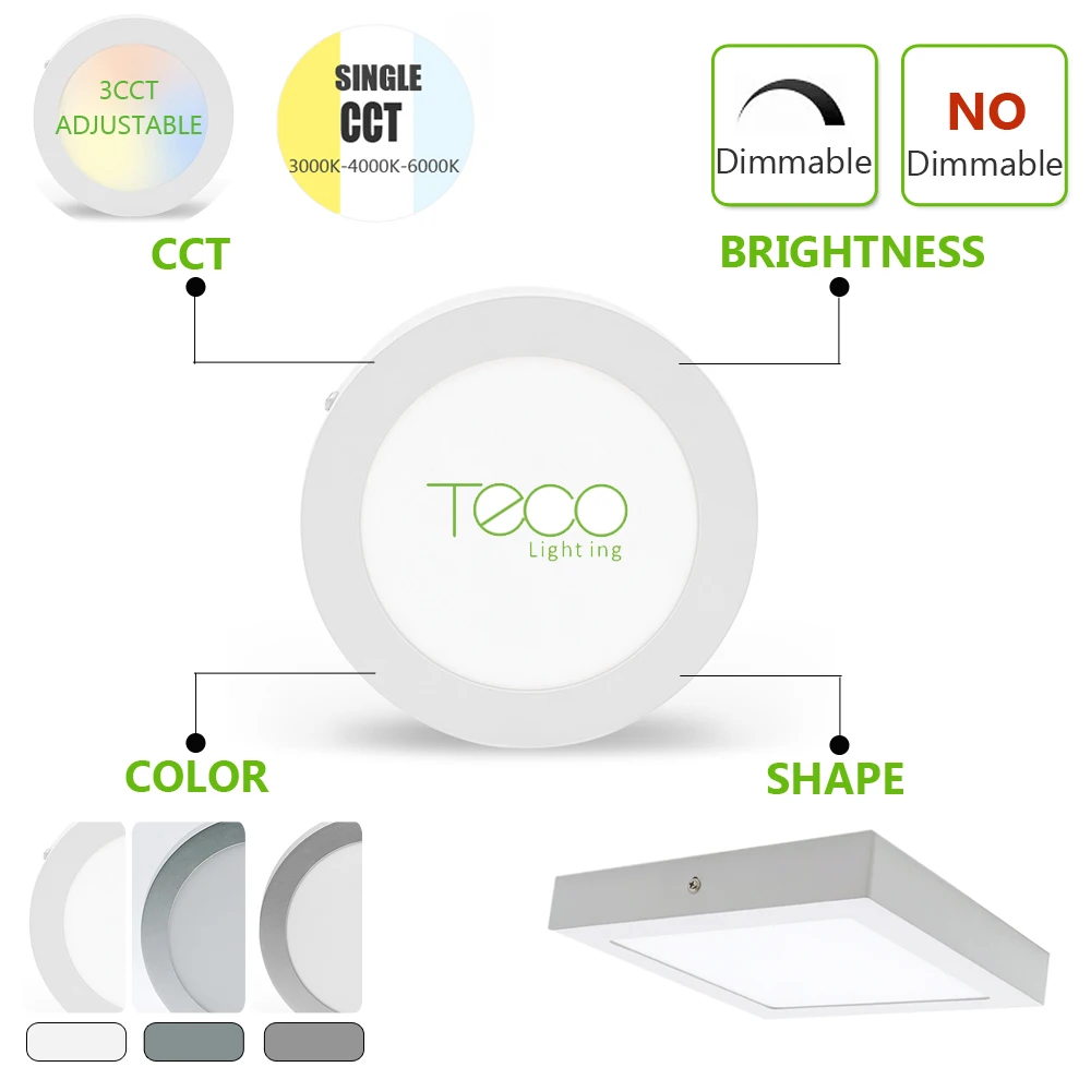 TECO Factory Square Round 12w 7inch 900lm Surface Mount Dimmable 3cct Adjustable Led Panel Light