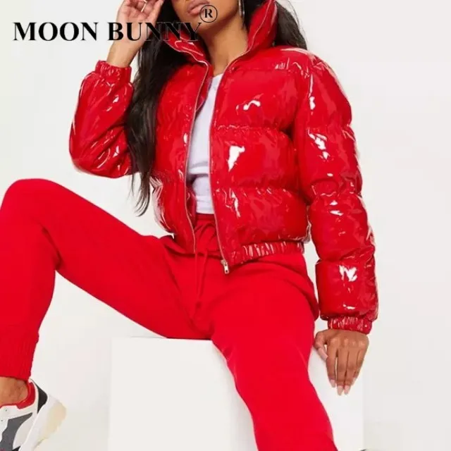 Женская виниловая Толстая стеганая укороченная блестящая куртка из ПВХ