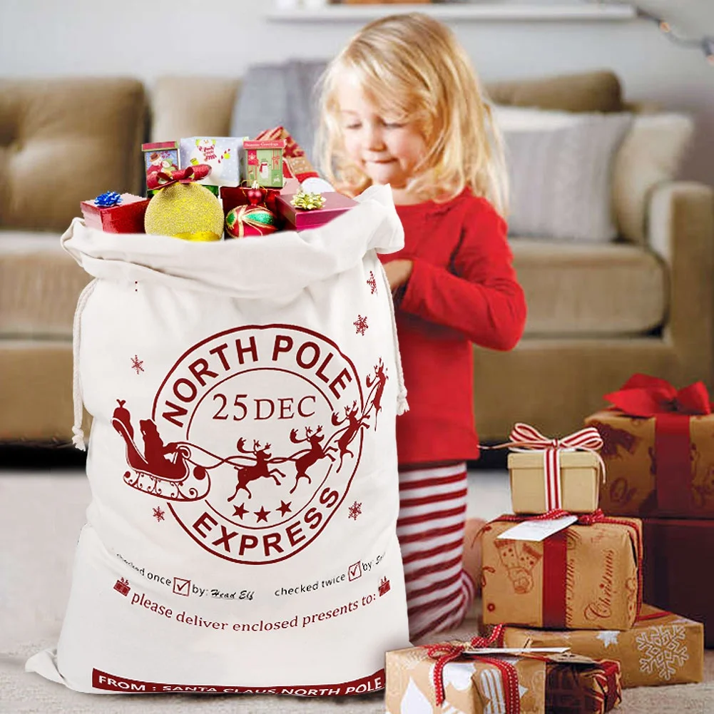 OurWarm 50*70cm Christmas Drawstring Bag Presents Beige Large Cotton Canvas Santa Sacks