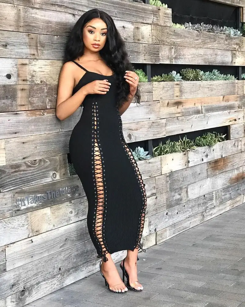 
Hollow Out Bodycon Dress 2019 Women Clothing Europe and America Strap Sleeveless Club Dresses 