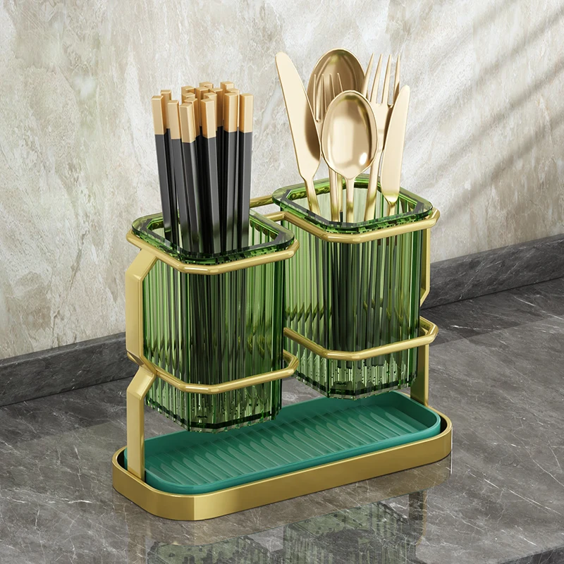 New Luxury Kitchen Double Bucket Drainable Cutlery Storage Container Spoon And Fork Holder Knife Rack