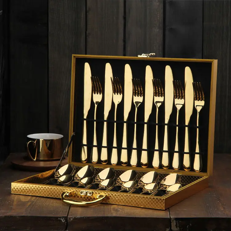 Classic 24 Piece Gold Stainless Steel Cutlery Set For GIft Weeding Party