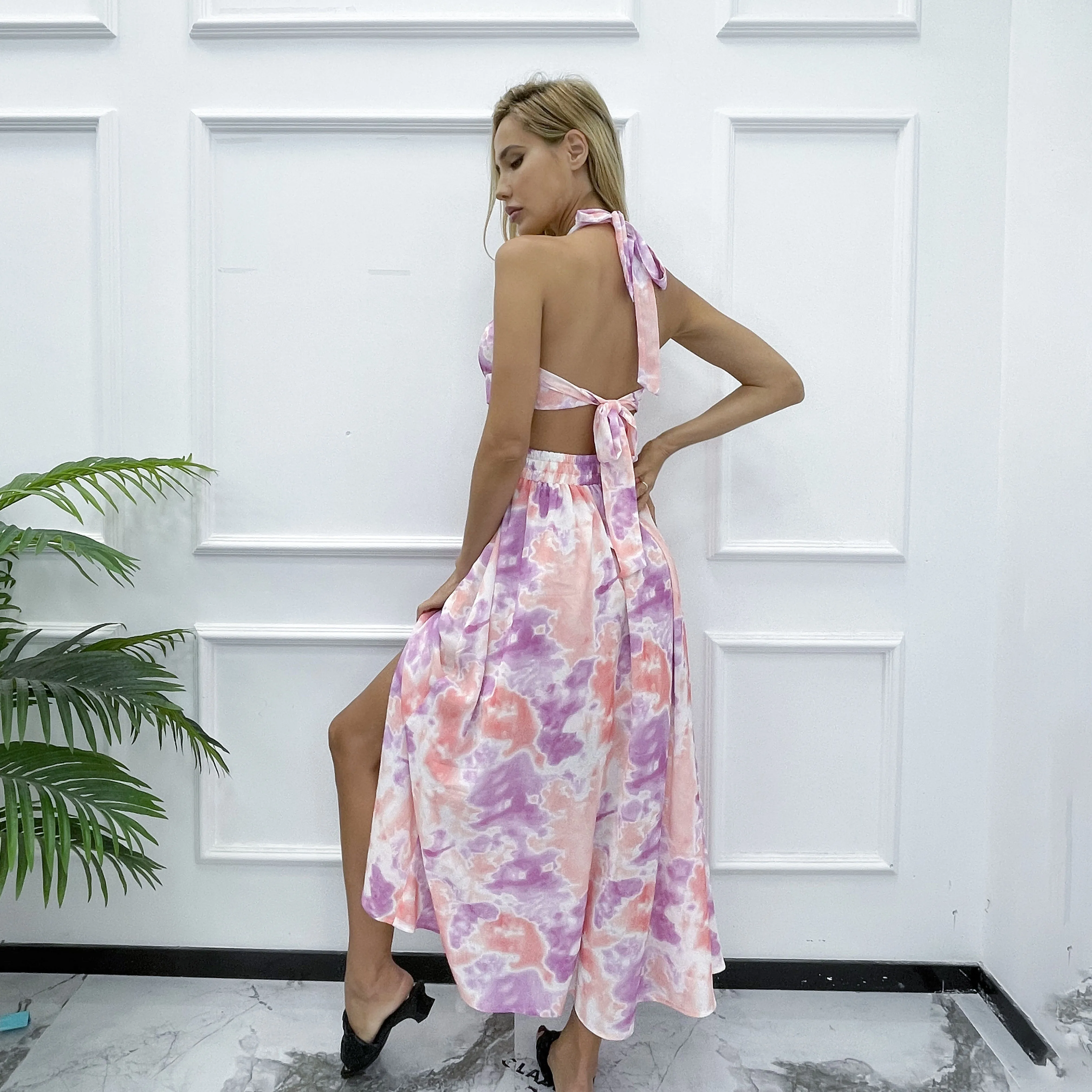 custom straps backless hollow out Halter print slit summer vacation casual midi dresses women