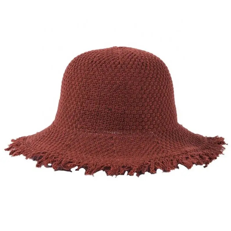 Korea Style Autumn New Jacquard Knitted Women Lady Dress Fisherman Cap Buckets Hats with Frayed Tassels Brim