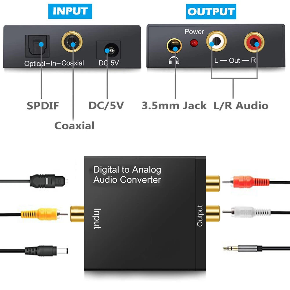 Digital to analog audio converter 3.5 volume adjustment fiber coaxial to analog 5.1 audio decoder