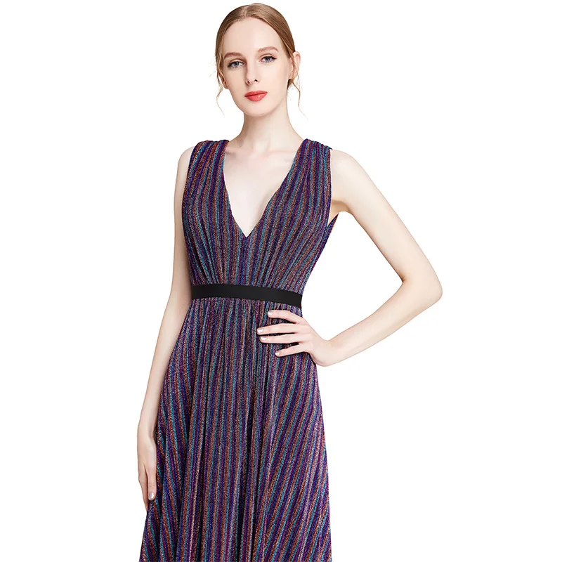 D014 Party maxi dress evening woman pleat stripe deep V-neck prom long dresses for women