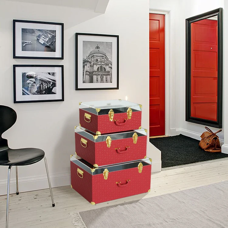Red leather wooden trunk set of 3 storage trunks with acrylic lid